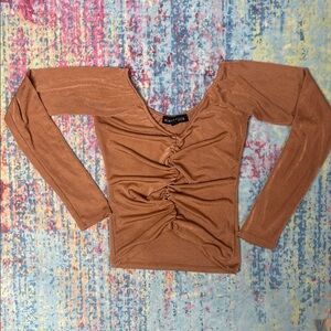 Electric Family Copper Ruched Long Sleeve Scoop Neck Top